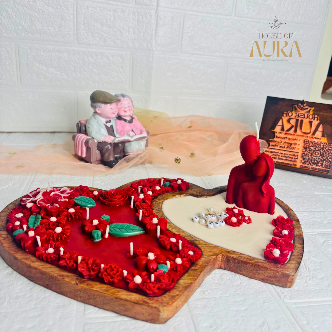 Double Heart Wooden Tray Candle (Two Hearts, One Flame)