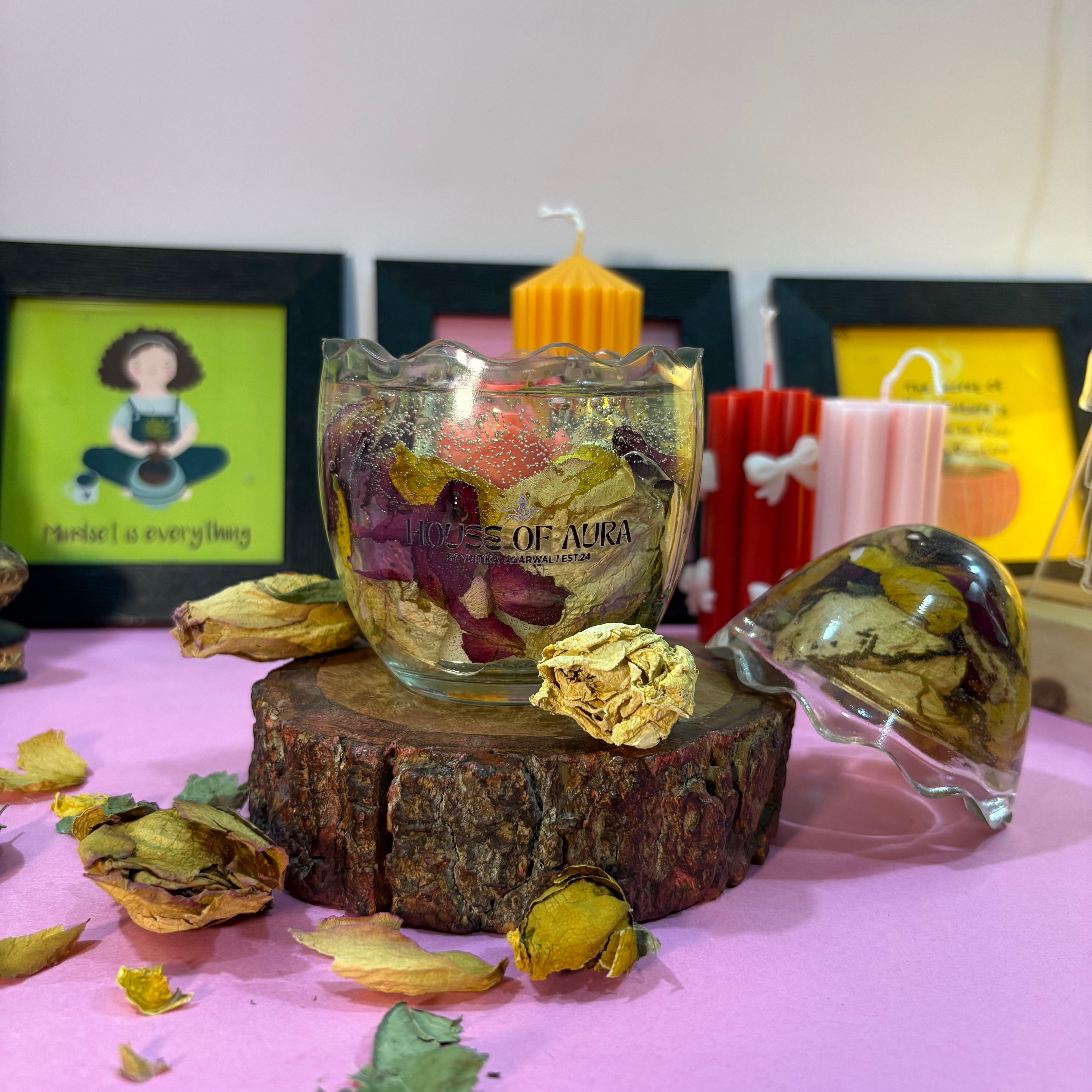 Flower preservation in a jar with candle