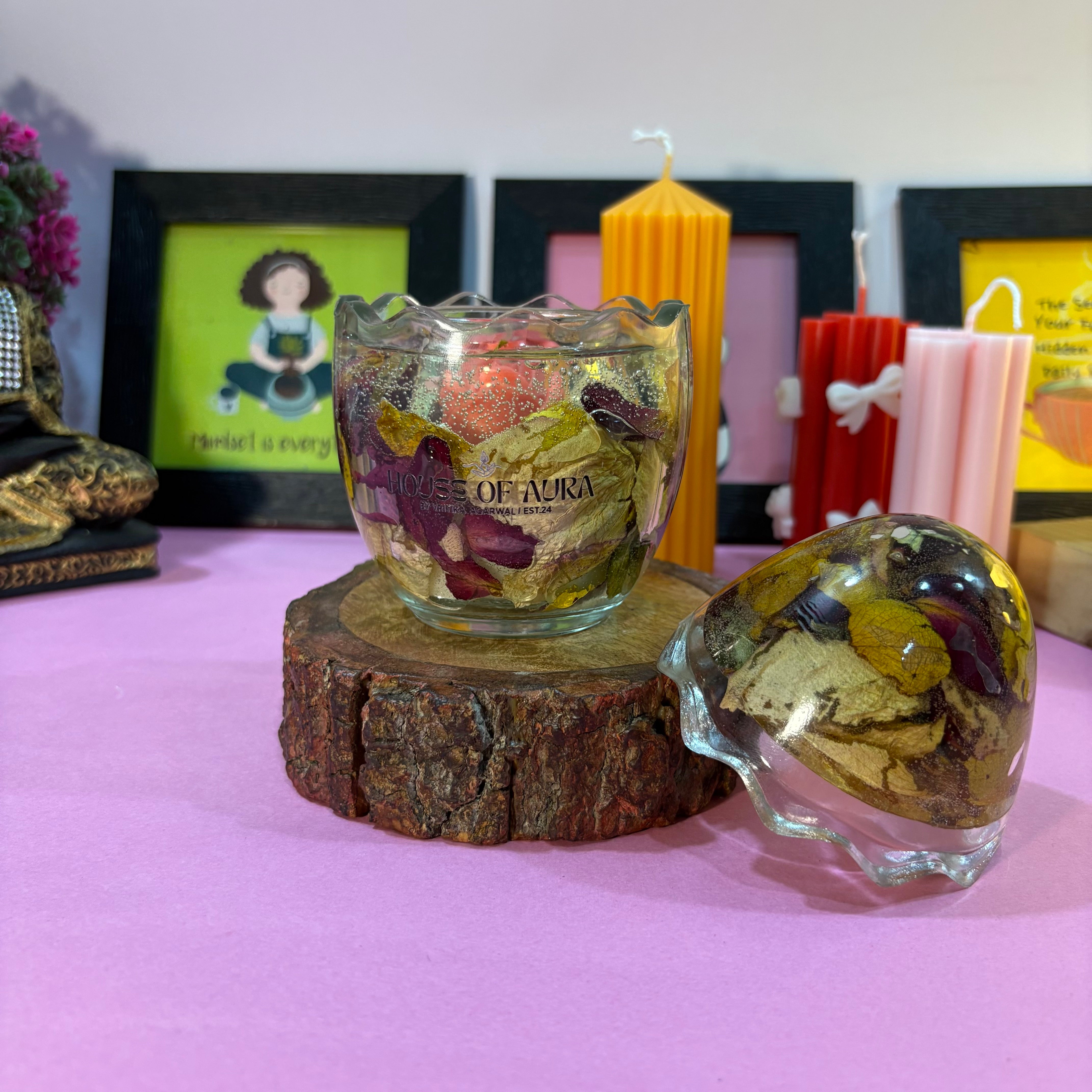 Flower preservation in a jar with candle