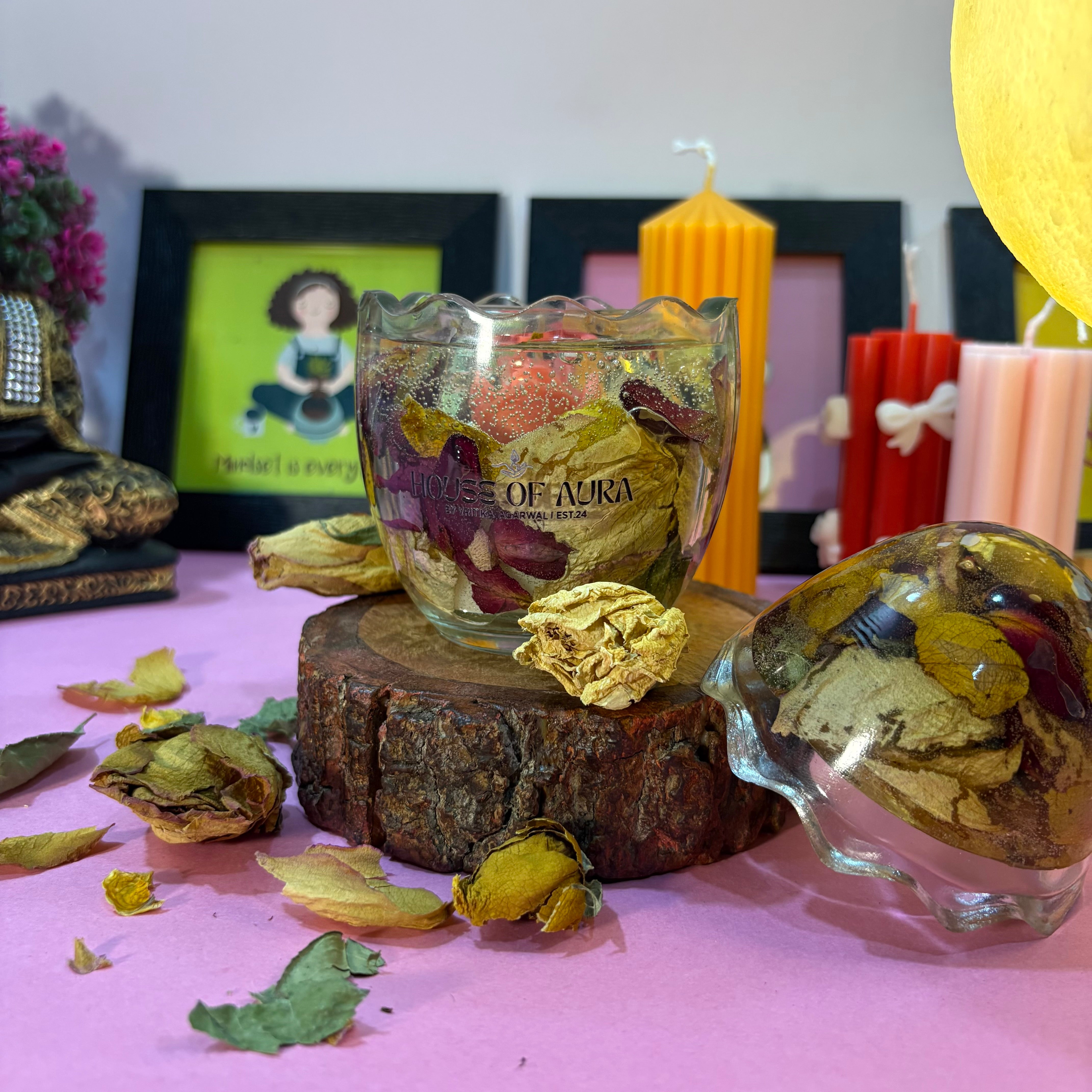 Flower preservation in a jar with candle